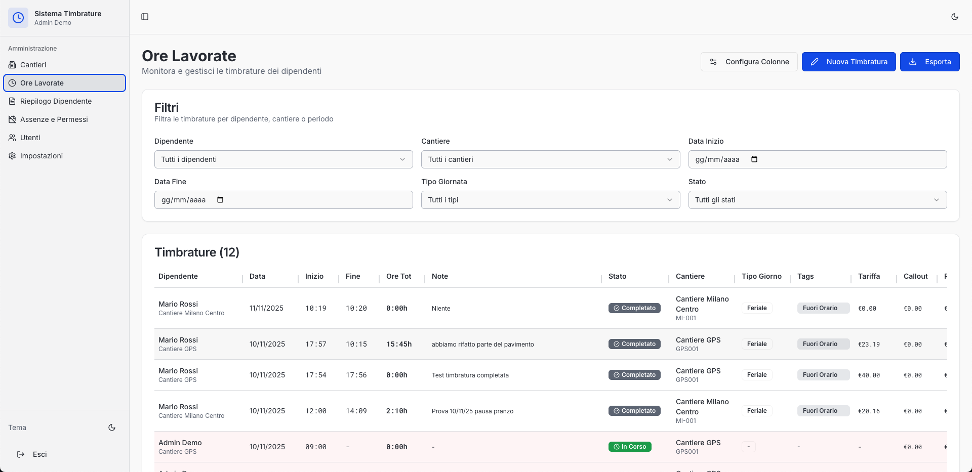 Dashboard amministratore